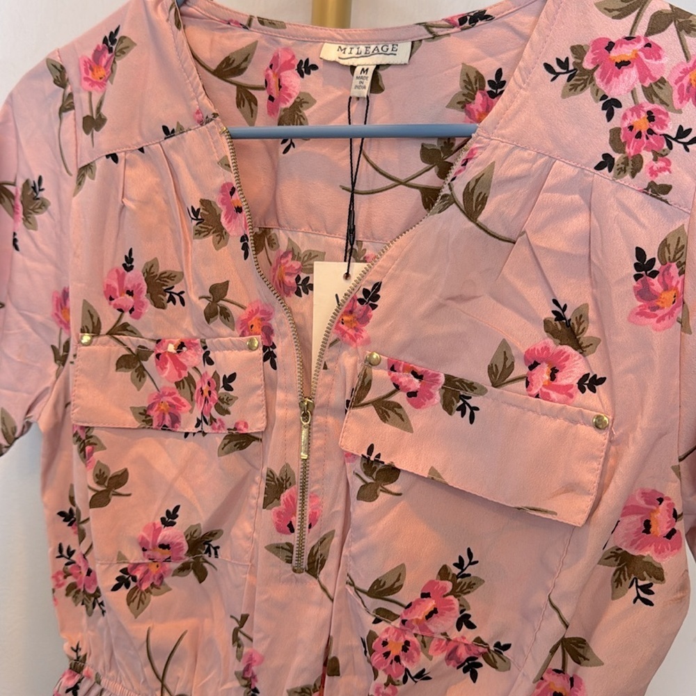 Mileage pink floral half zip blouse short sleeve NWT M